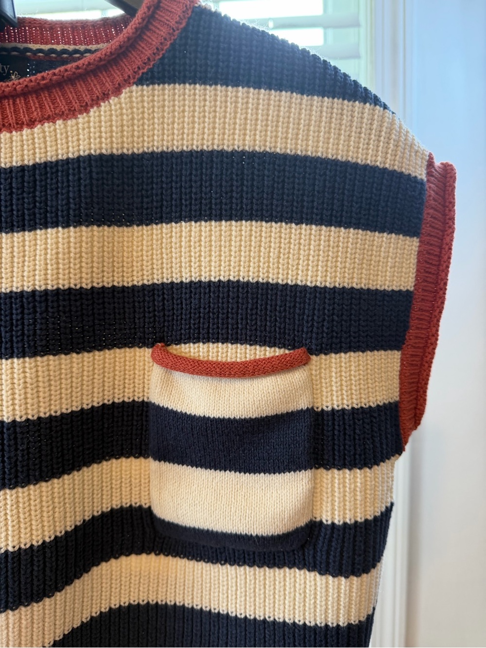 Striped Knit Cap-Sleeve Sweater in Navy and Cream with Rust Trim Size XS - Picture 3 of 6